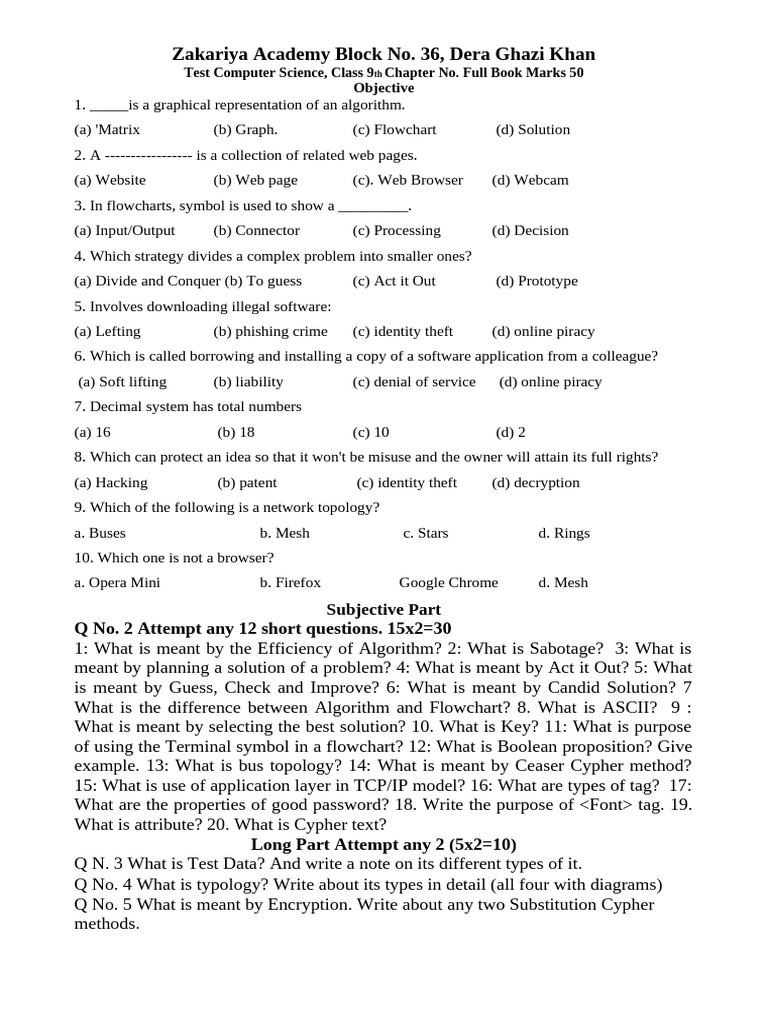 Class 9 Computer Science Test Questions | PDF | Cipher | Computer Science