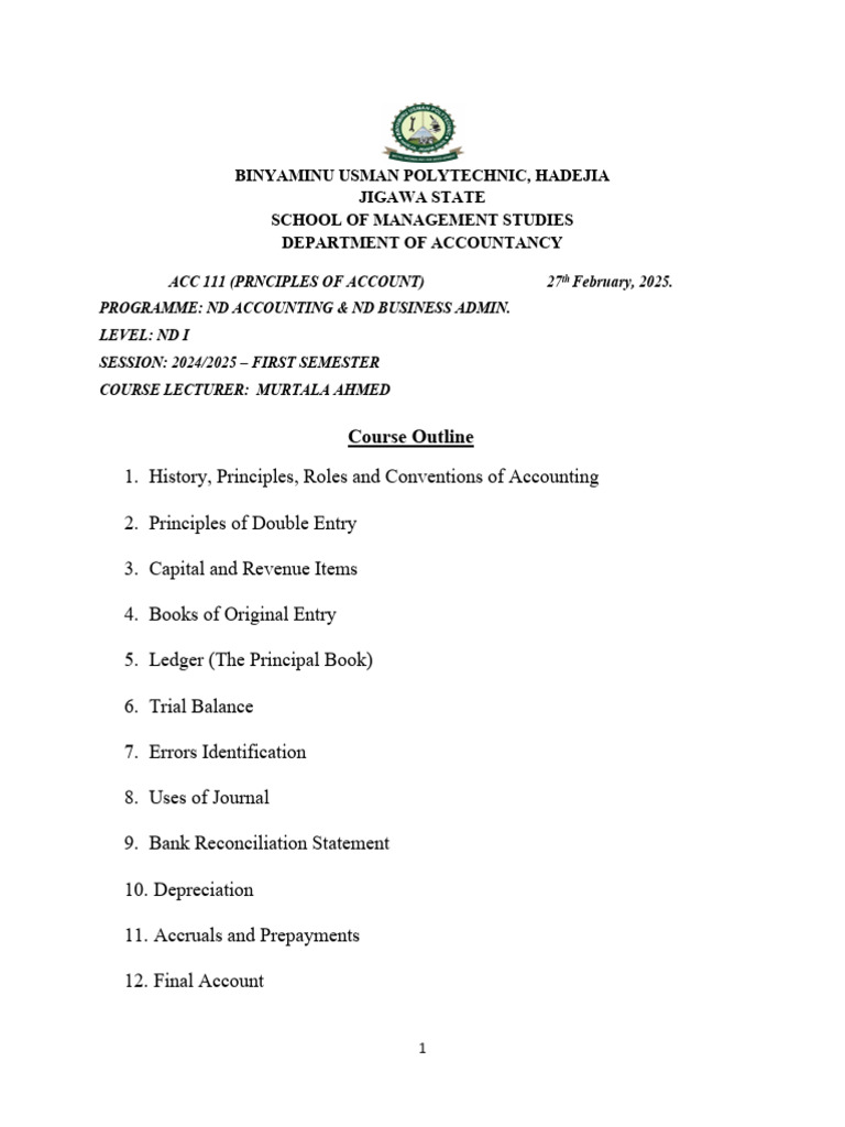 Principles of Accounting Course Outline | PDF | Debits And Credits ...