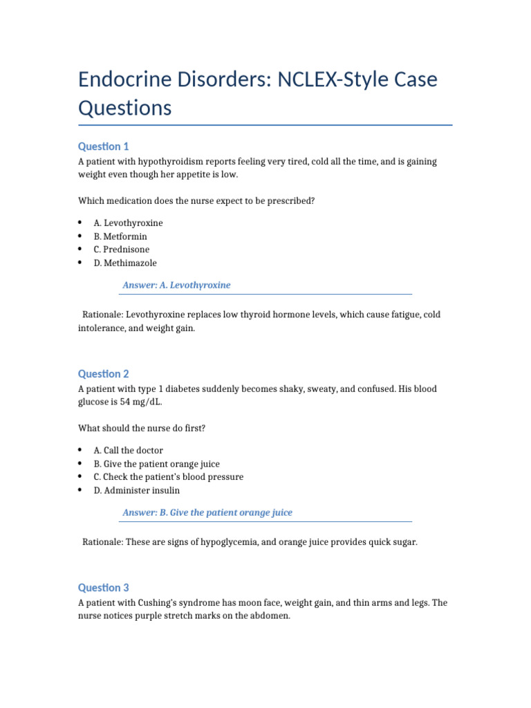 Endocrine Disorders NCLEX Questions | PDF | Diabetes | Thyroid