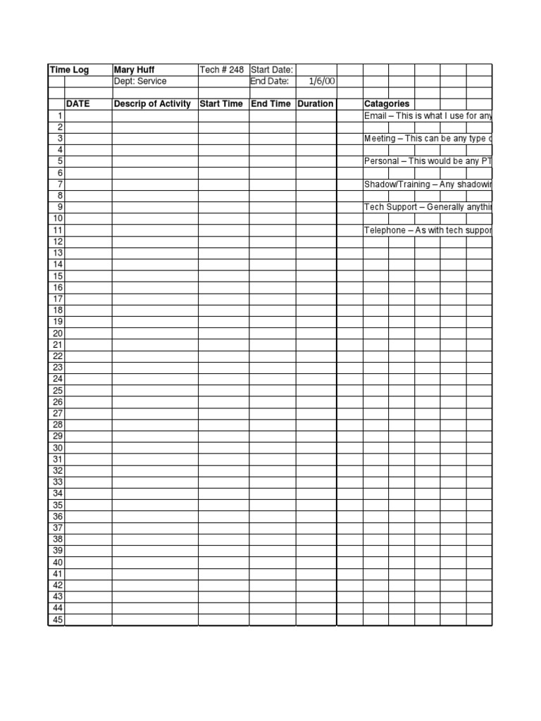 Time Log for Service Department Activities | PDF