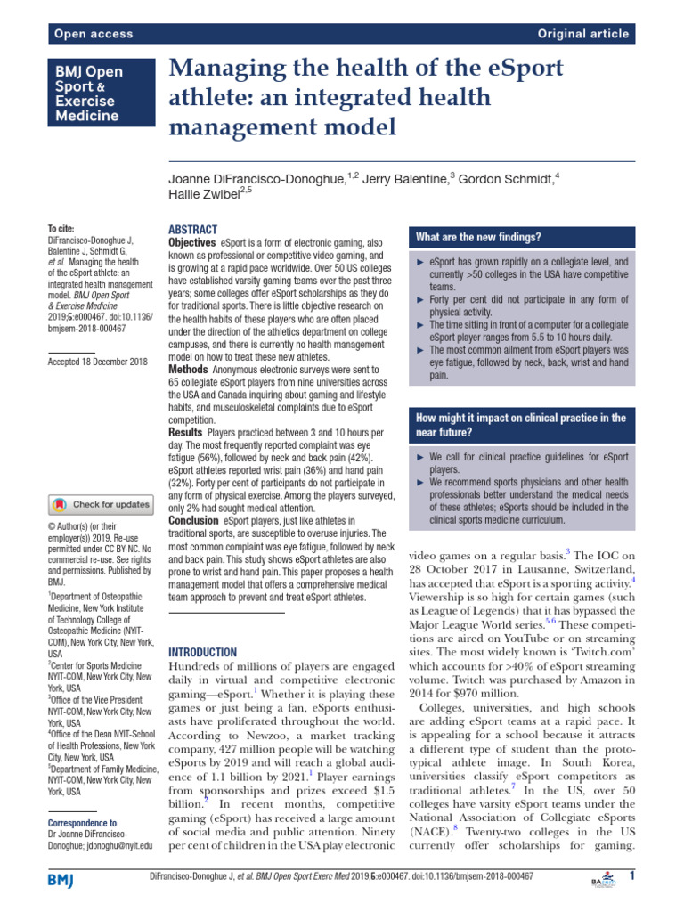 Health Management for eSport Athletes | PDF