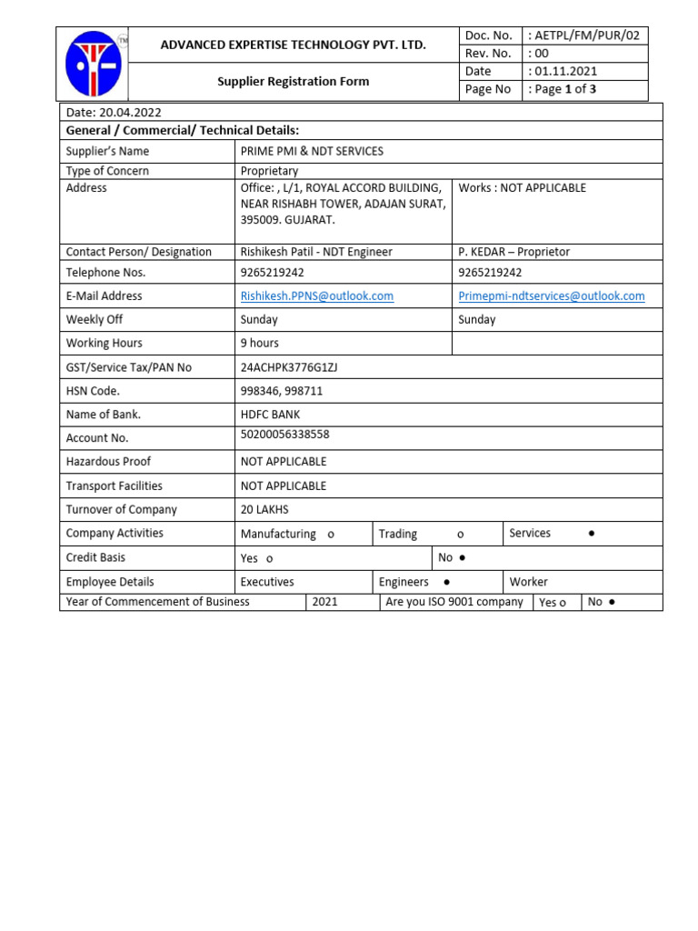AETPL Supplier Registration Form Leak | PDF | Nondestructive Testing ...