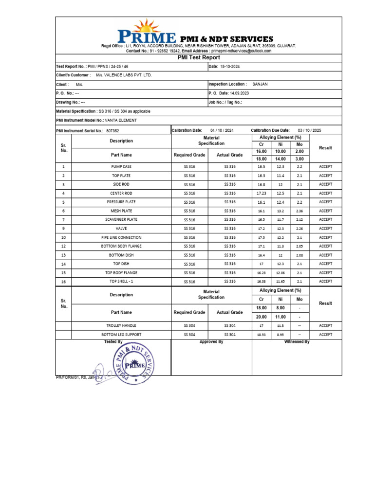 PMI Test Report for SS 316 and SS 304 | PDF | Equipment | Hydraulics