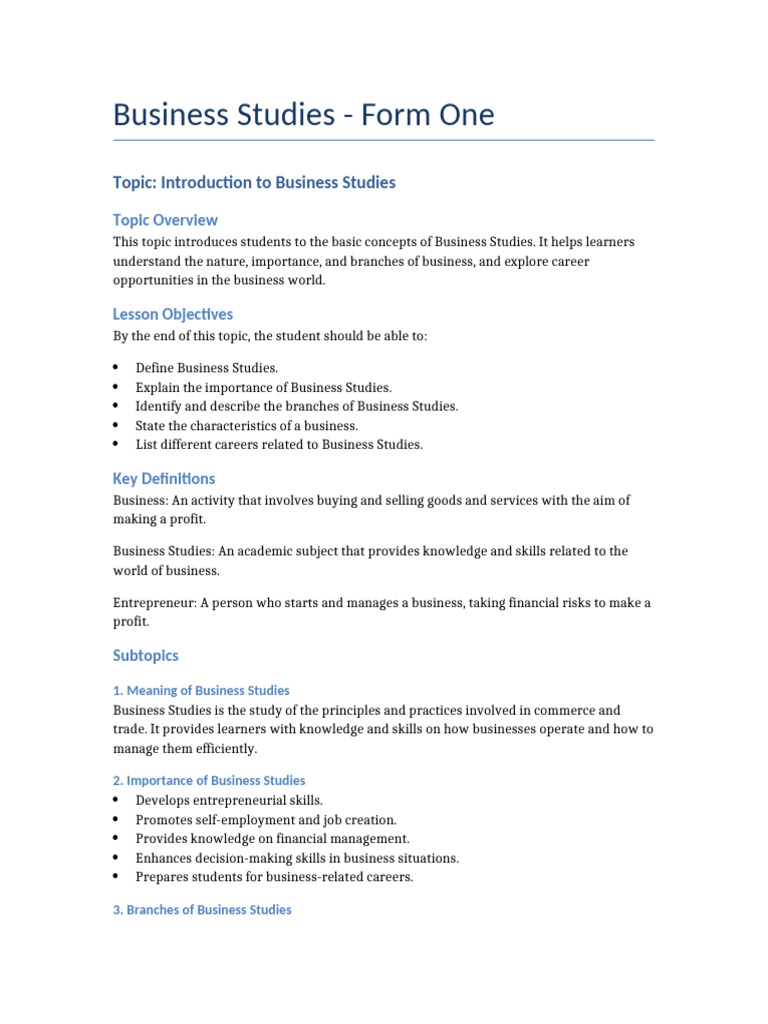Introduction to Business Studies Syllabus | PDF | Entrepreneurship ...