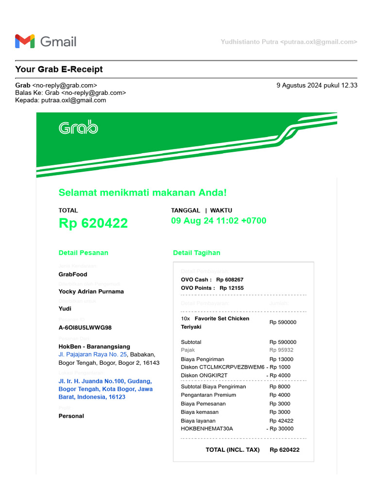 E-Receipt GrabFood 9 Agustus 2024 | PDF