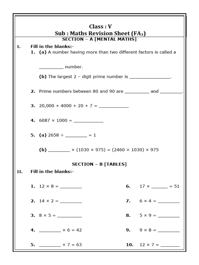 Class 5 Maths Revision Sheet | PDF | Chess | Chess Theory
