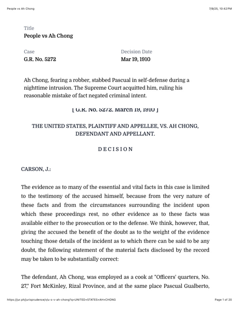 People vs Ah Chong: Self-Defense Ruling | PDF | Mens Rea | Criminal Law
