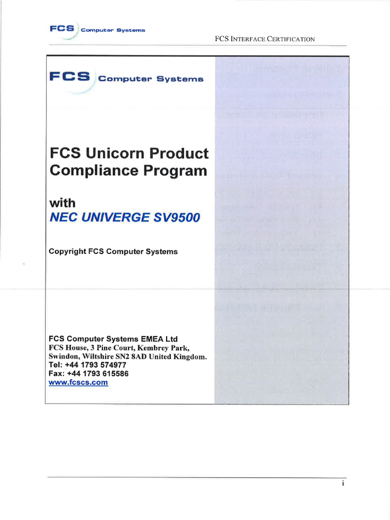 FCS Unicorn Product Compliance Program - NEC Univerge SV9500 | PDF