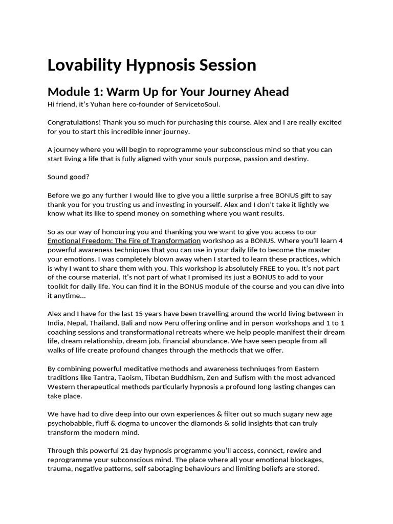 Lovability Hypnosis Journey Module 1 | PDF | Mind | Relaxation (Psychology)