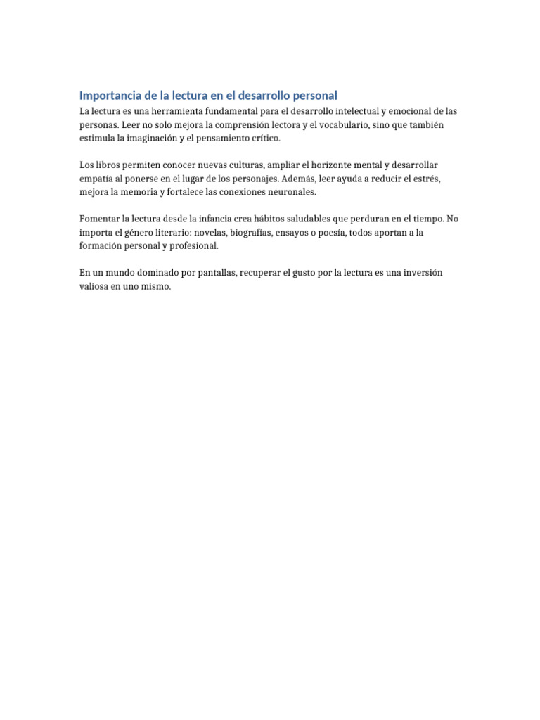 8 Importancia de La Lectura en El Desarrollo Personal | PDF