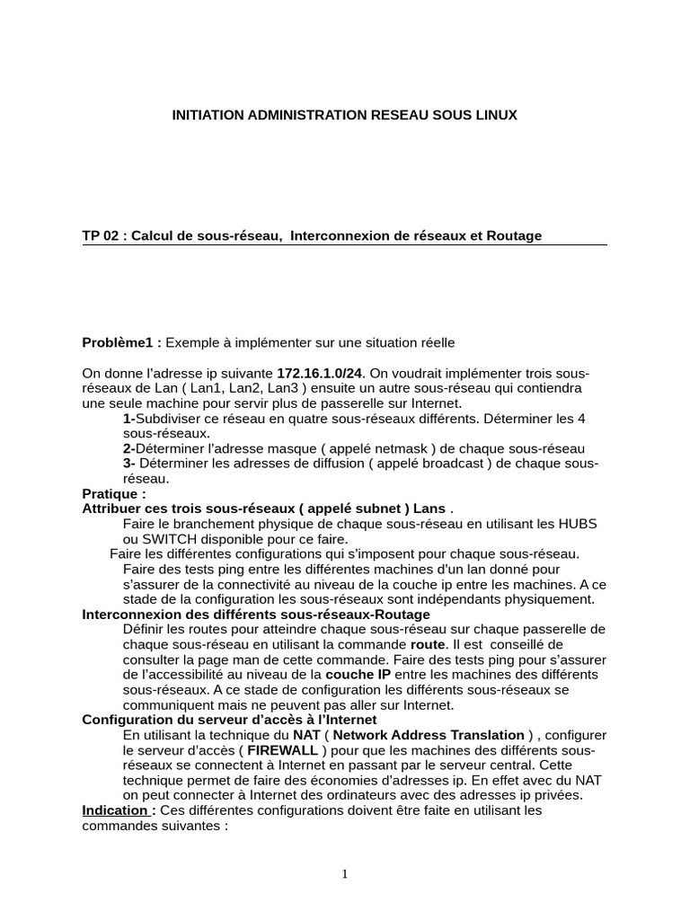 Administration Réseau Linux : Sous-réseaux et Routage | PDF | Adresse ...