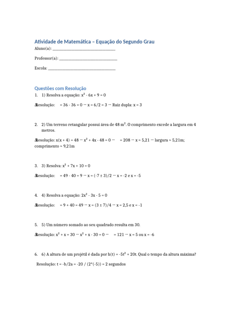 Atividades de Equação do Segundo Grau | PDF