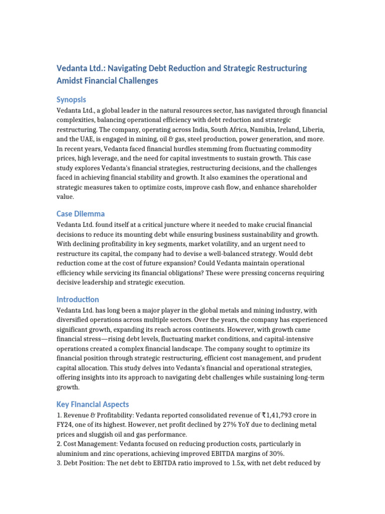 Vedanta's Debt Reduction Strategies | PDF | Leverage (Finance) | Investing