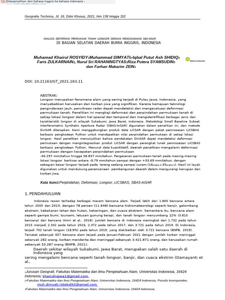 Landslide Surface Deformation Analysis Using Sbas-Insar - En.id | PDF
