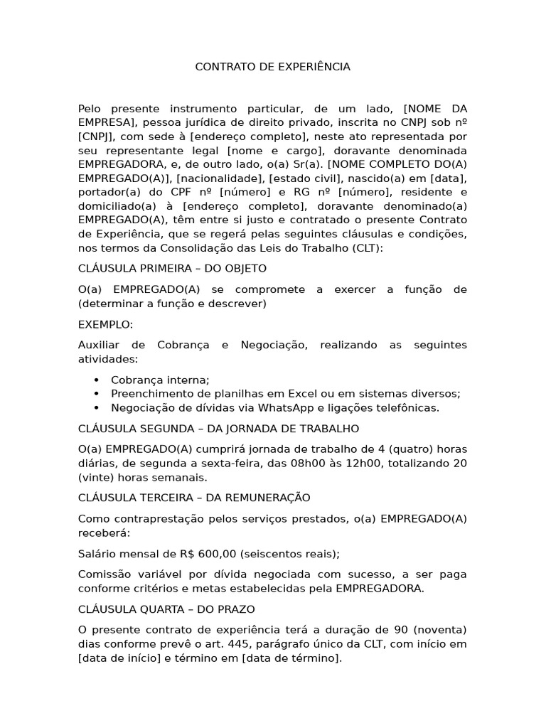 Contrato de Experiência: Cláusulas e Condições | PDF | Expediente
