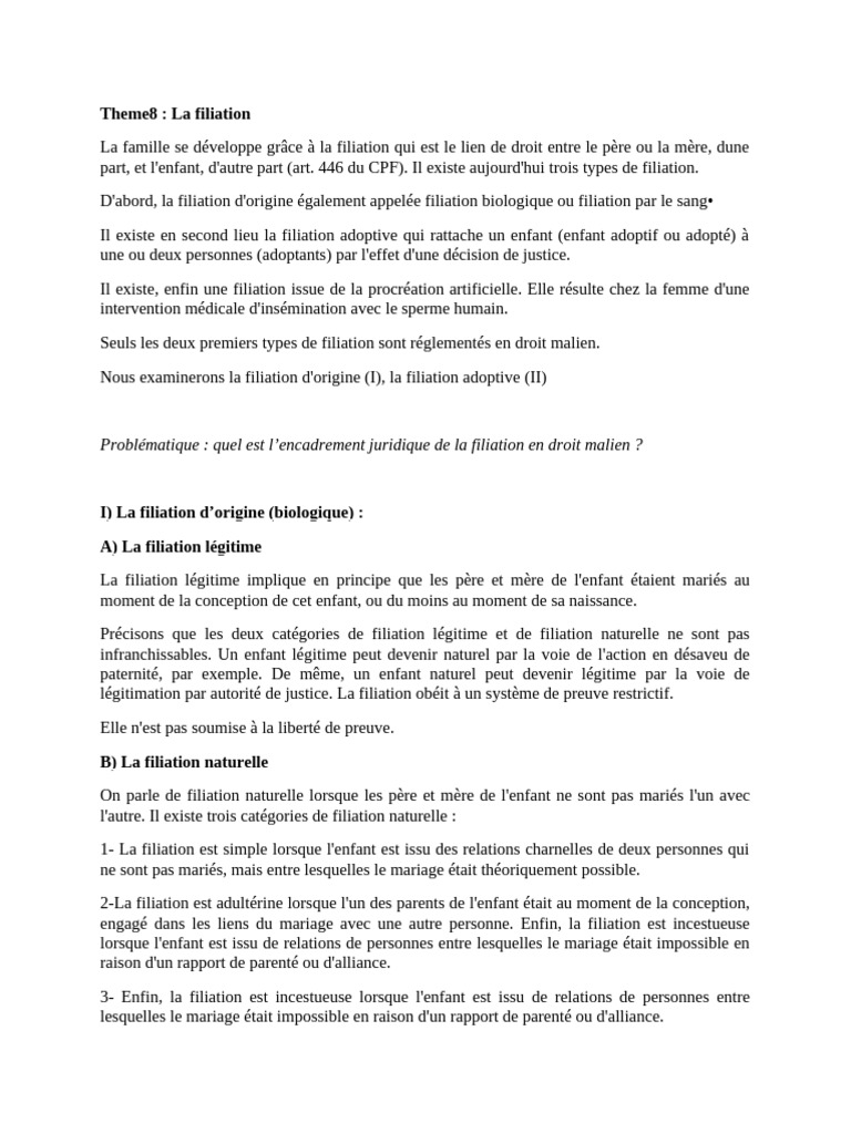 Types de filiation en droit malien | PDF | Filiation légitime | Famille