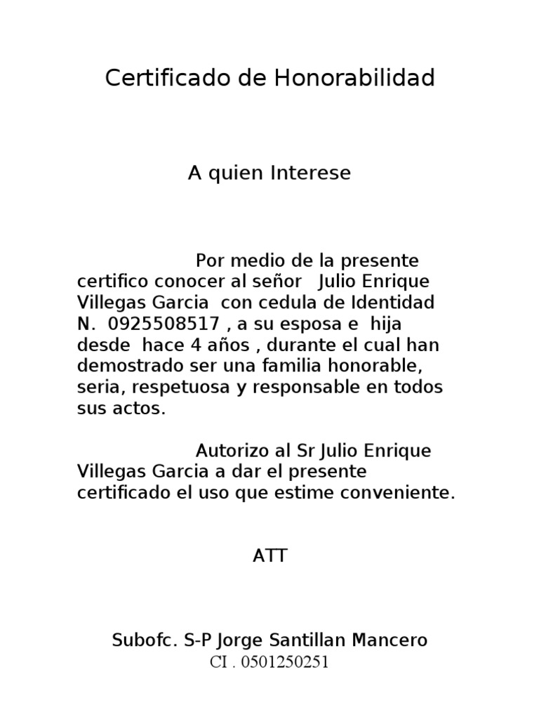 Certificado de Honorabilidad