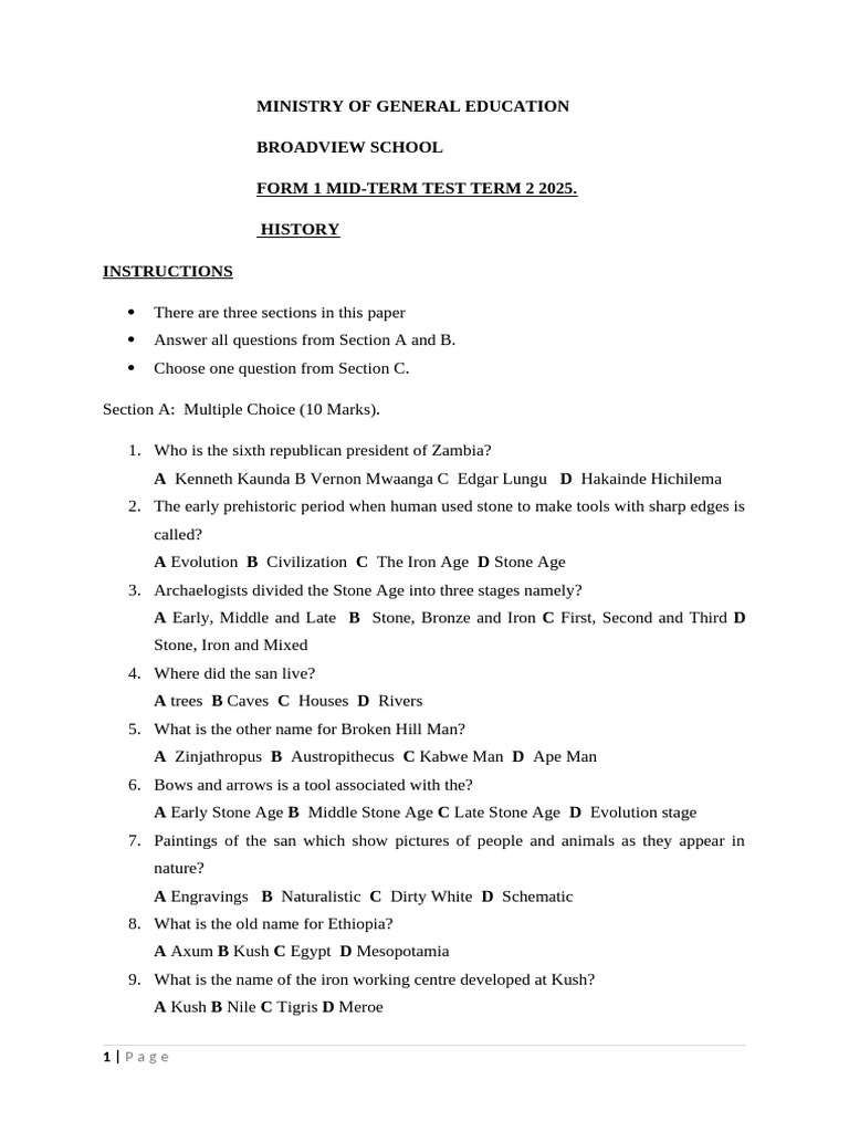 Form 1 History Mid-Term Exam 2025 | PDF