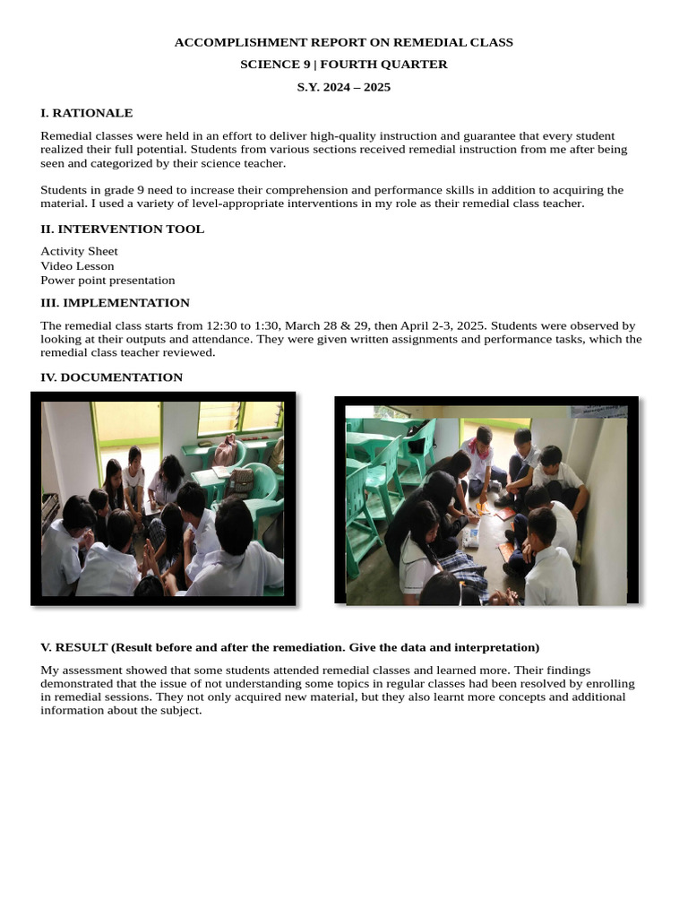 Remedial Class Accomplishment Report | PDF | Human Communication | Pedagogy