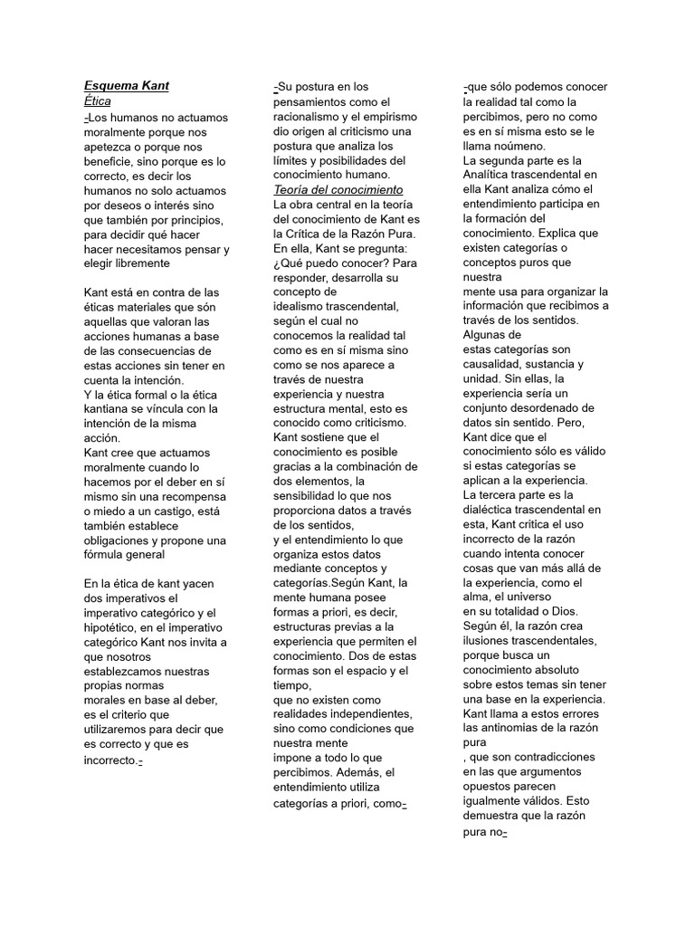 Esquema de la ética y conocimiento de Kant | PDF | Immanuel Kant | A ...