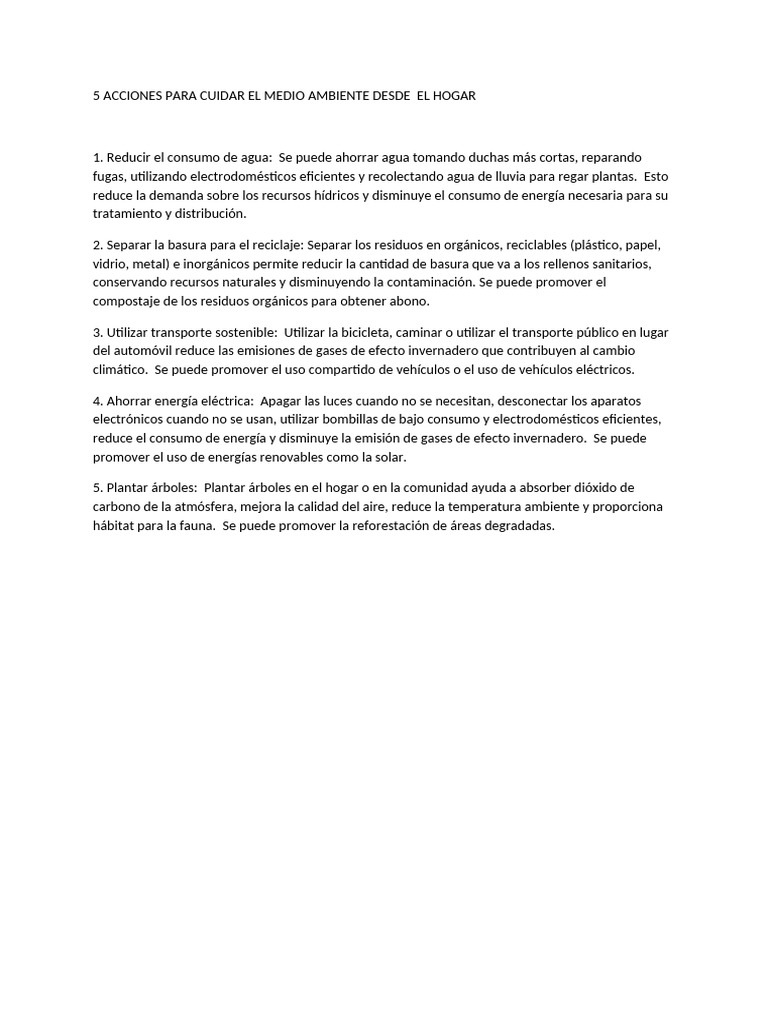 5 Acciones para Cuidar El Medio Ambiente Desde El Hogar | PDF