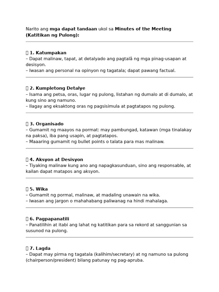 Narito Ang Mga Dapat Tandaan Ukol Sa Minutes of The Meeting | PDF