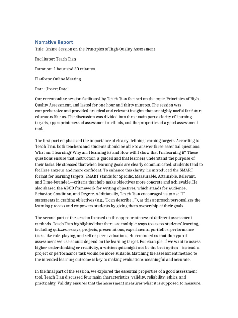 Narrative Report High Quality Assessment | PDF | Educational Assessment ...
