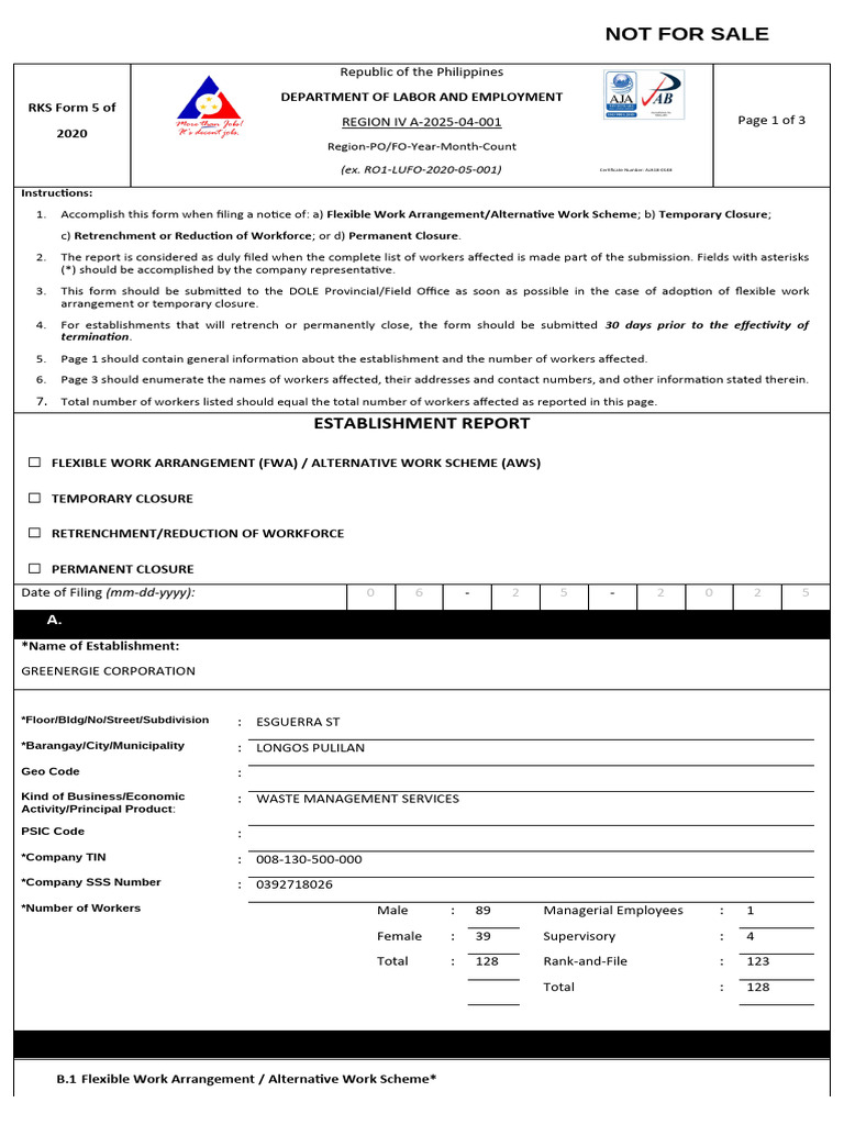 RKS Form 5: Establishment Report 2020 | PDF | Employee Relations | Labor
