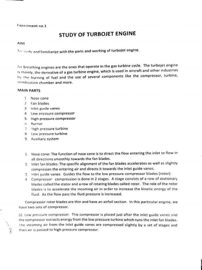 Experiment No - 1 Study of Turbojet Engine | PDF