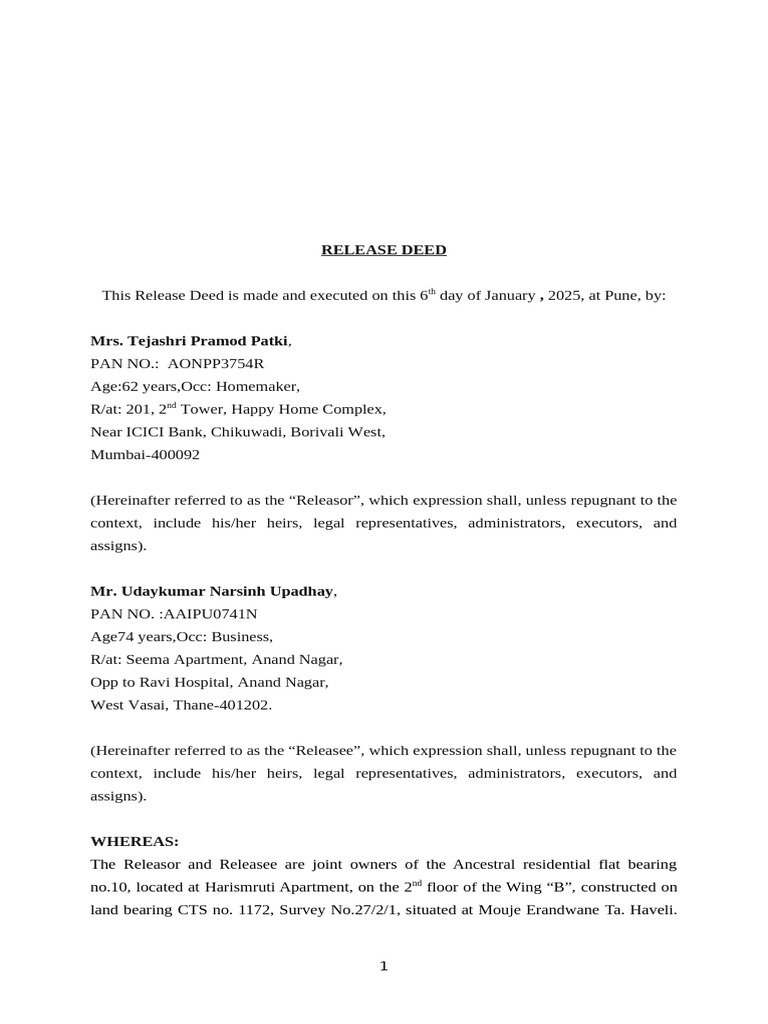 Release Deed for Property Rights Transfer | PDF | Deed | Legal Documents