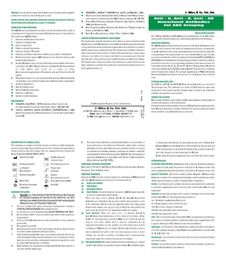 Anti-A, B, AB Monoclonal Antibodies | PDF | Hematology | Medical ...