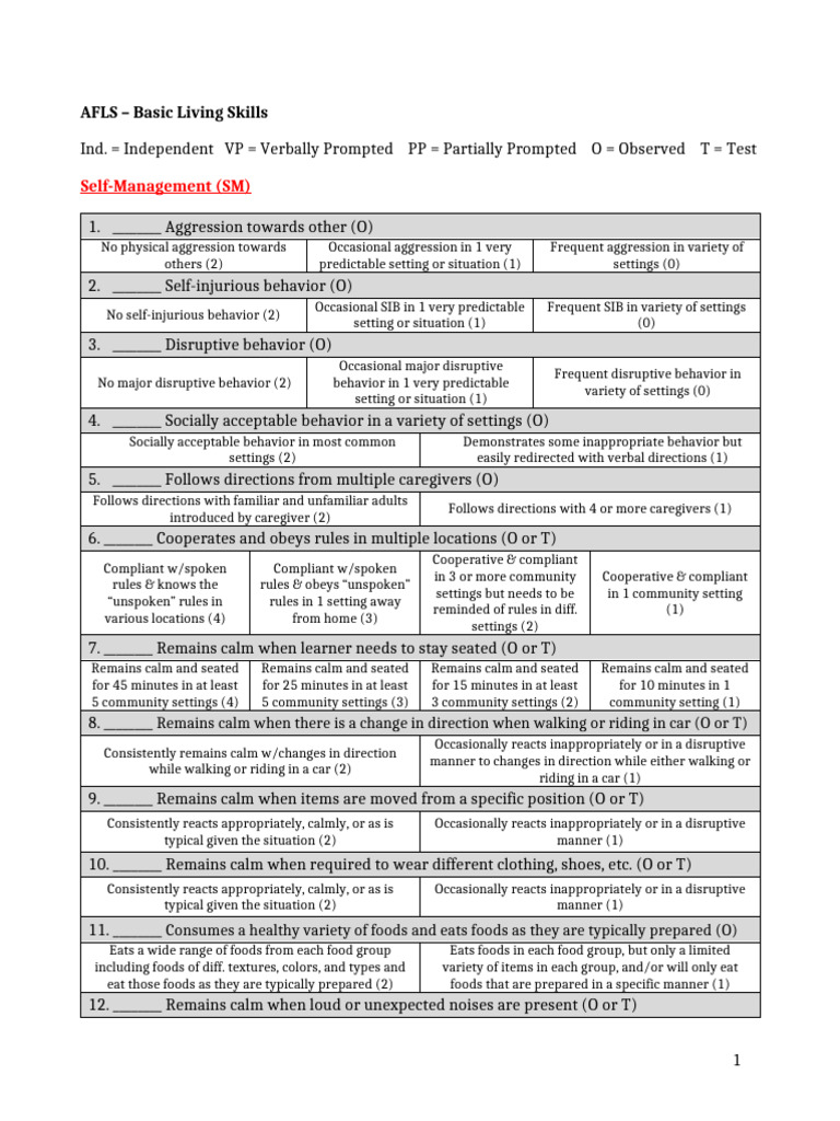 AFLS Basic Living Skills Assessment PDF Toilet Toothbrush