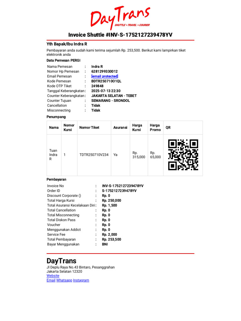 Invoice Pembayaran DayTrans Indra R | PDF