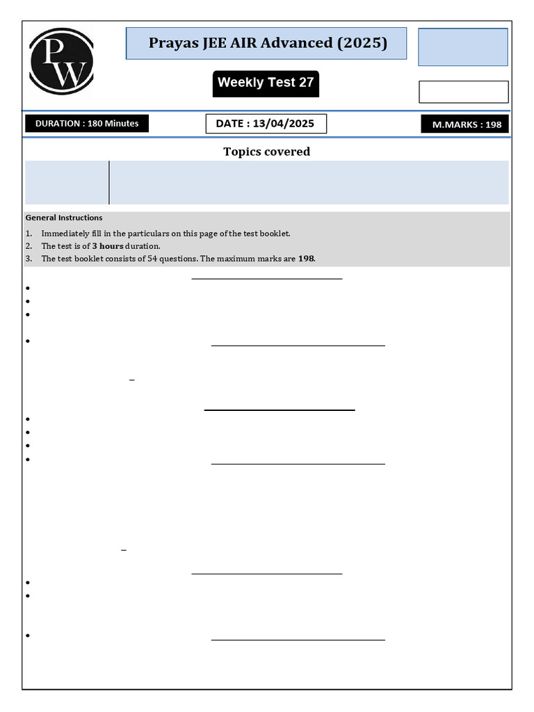 JEE Advanced 2025 Weekly Test 27 Guide | PDF | Force | Mole (Unit)