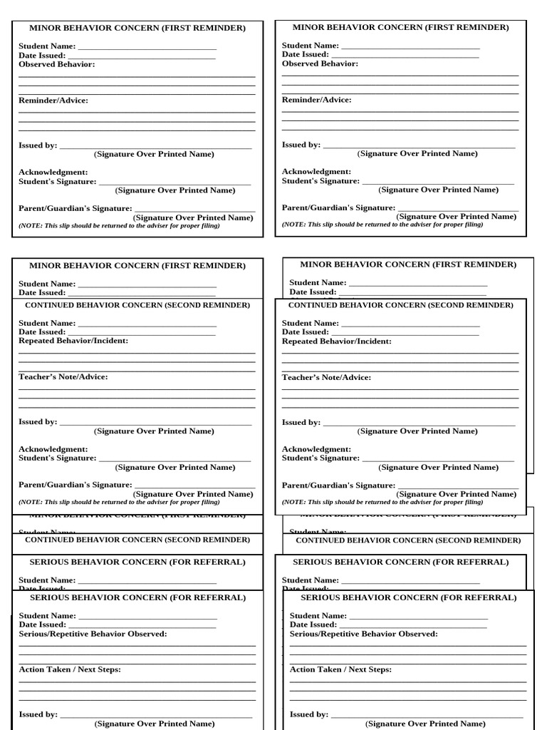 Minor Behavior Concern Slip | PDF