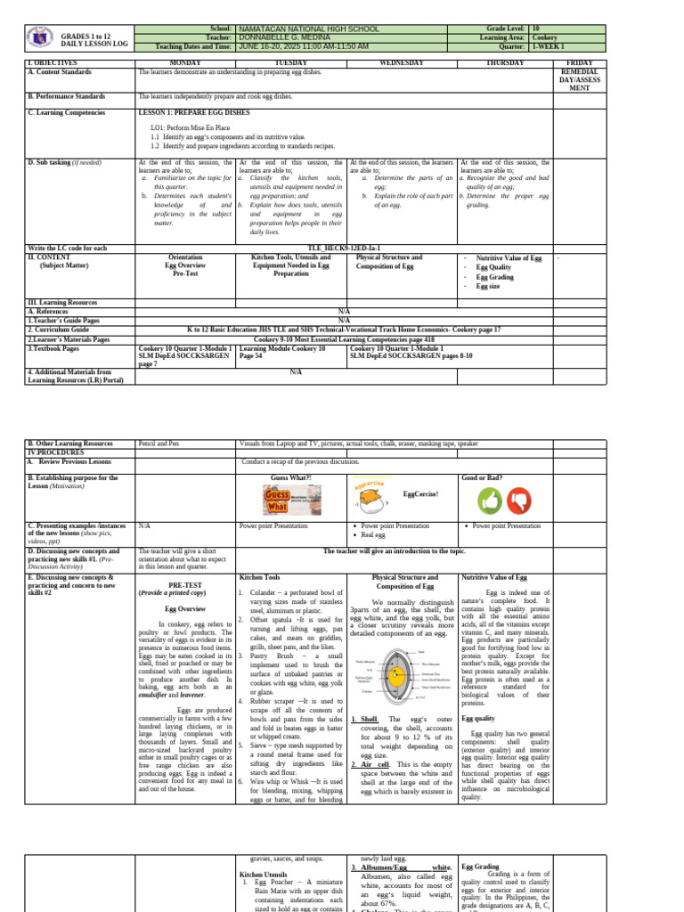 Grade 10 Cookery Lesson on Egg Dishes | PDF | Custard | Egg White