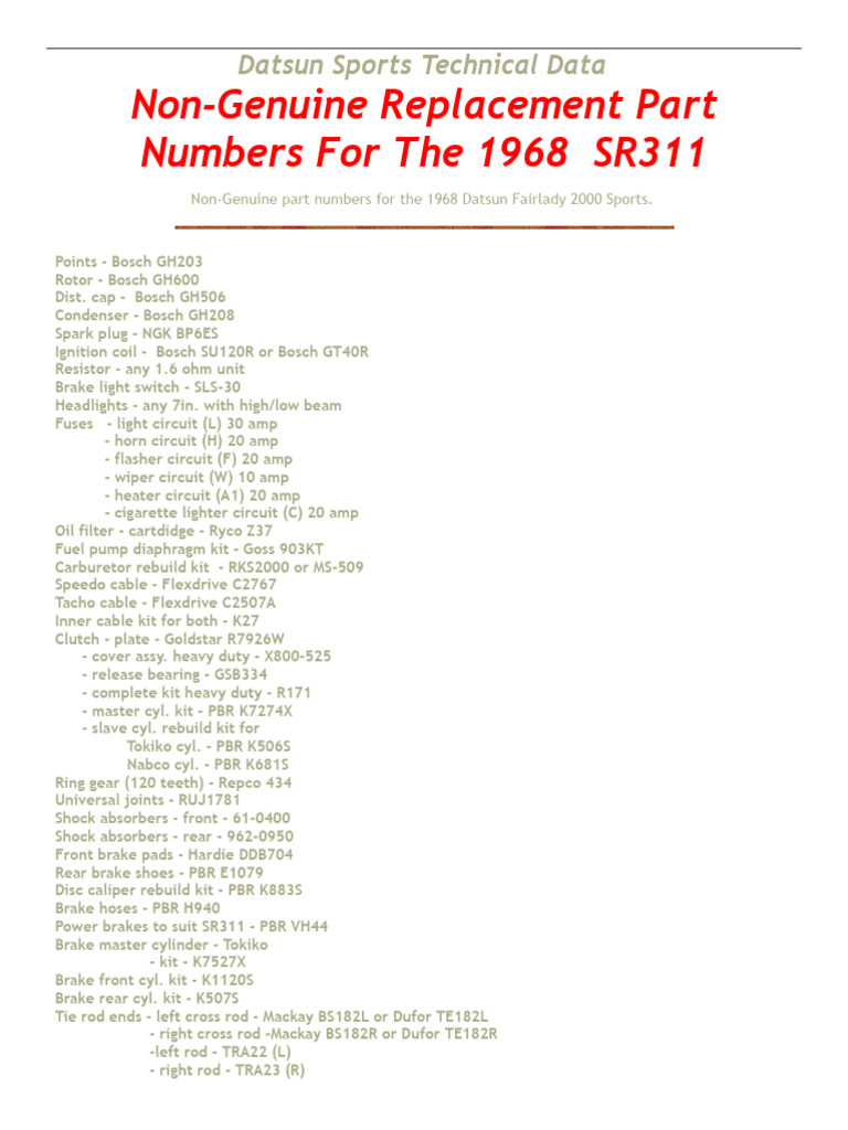 Datsun SR311 Spare Parts Guide | PDF | Brake | Mechanical Engineering