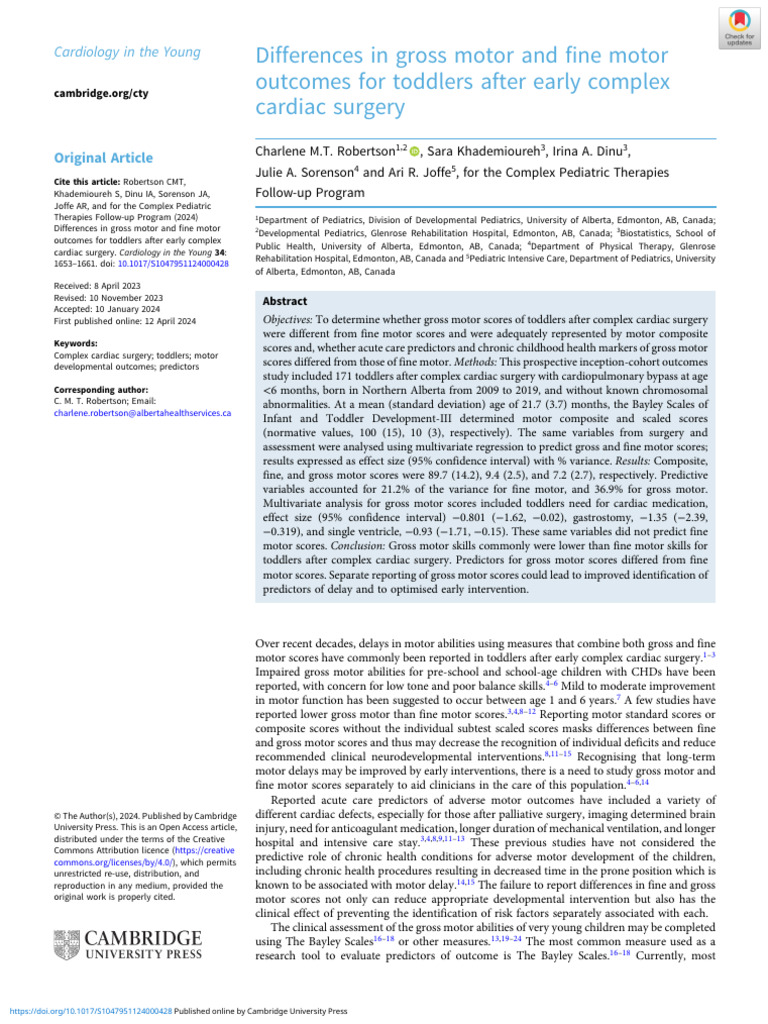 Differences in Gross Motor and Fine Motor Outcomes For Toddlers After ...