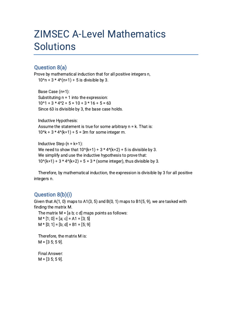ZIMSEC A Level Math Solutions | PDF