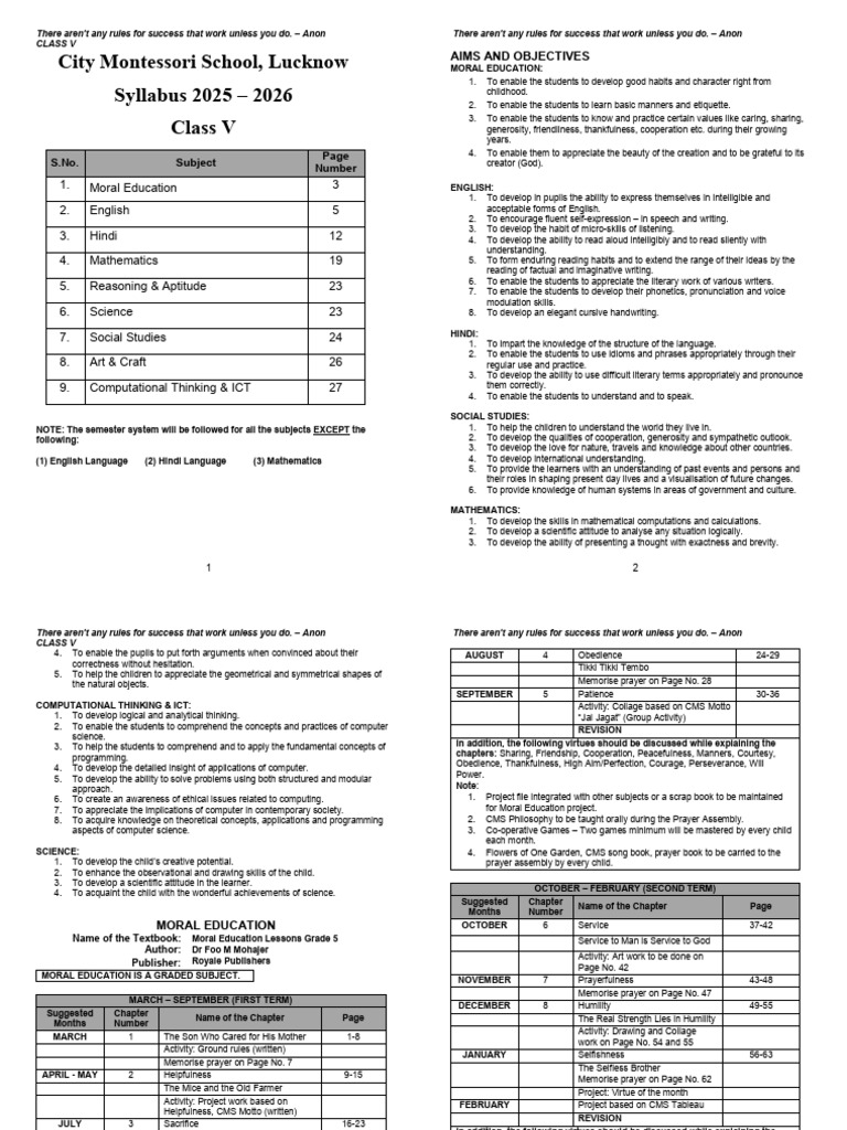 Class 5 Syllabus 2025-26 CMS | PDF | English Language | Science