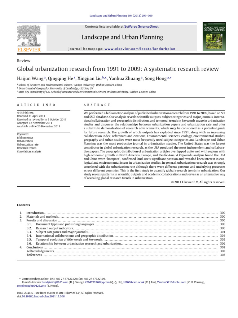 Global Urbanization Research From 1991 To 2009 A Systematic Research ...
