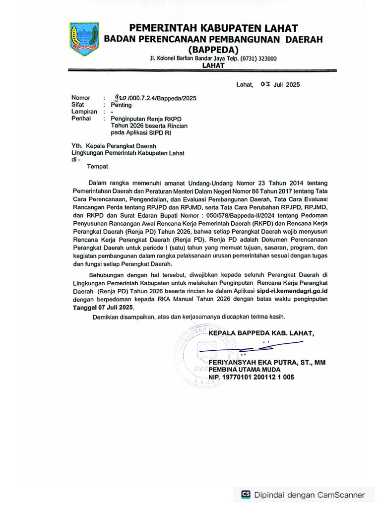 Surat Penginputan Renja RKPD 2026 | PDF
