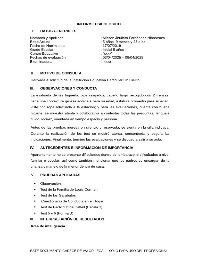Informe Psicológico Infantil de Alisson | PDF | Las emociones | Aprendizaje