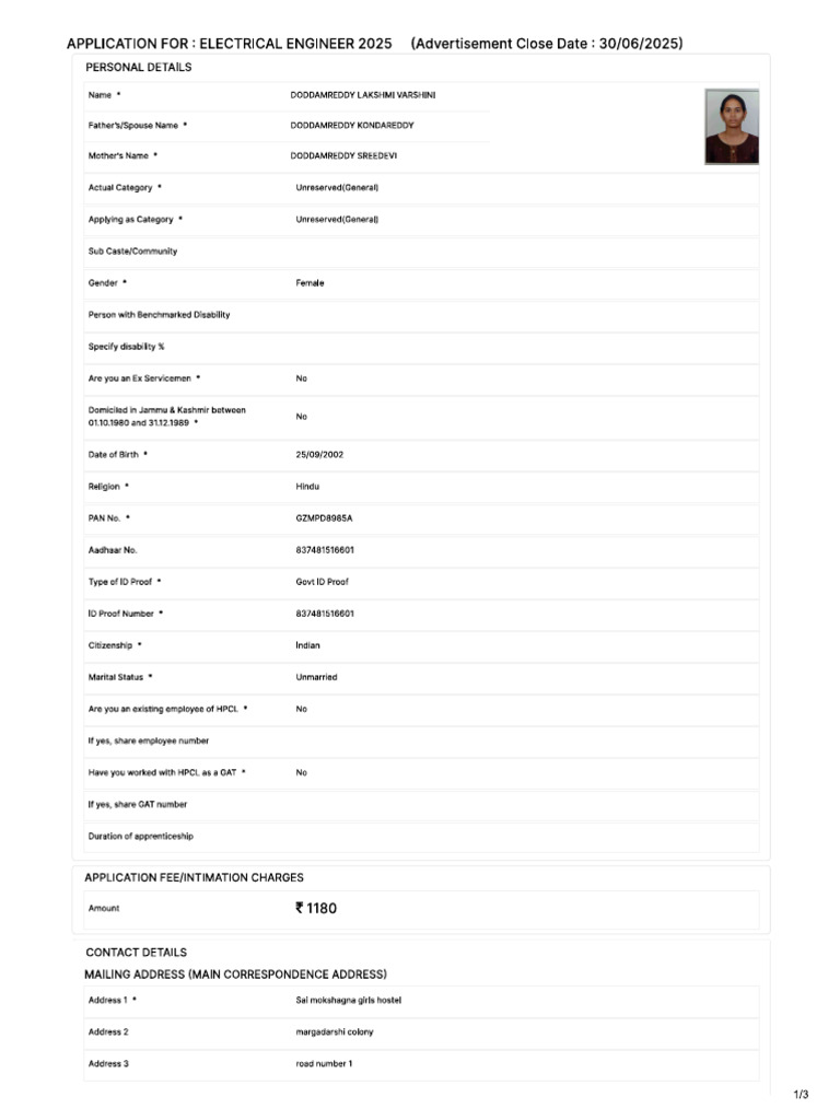 Varshini HPCL Appli | PDF