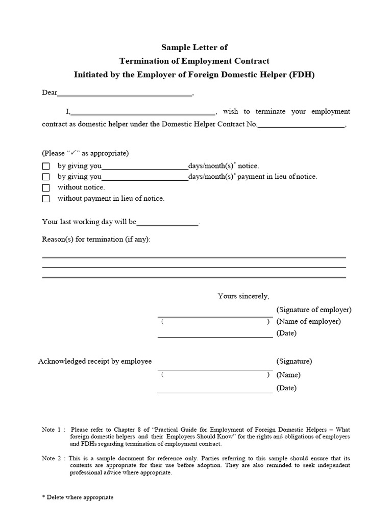 Termination Letter Sample for Domestic Helper | PDF
