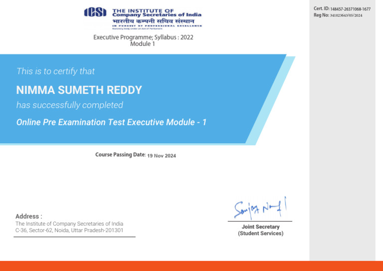 CS Executive Module 1 Certificate | PDF