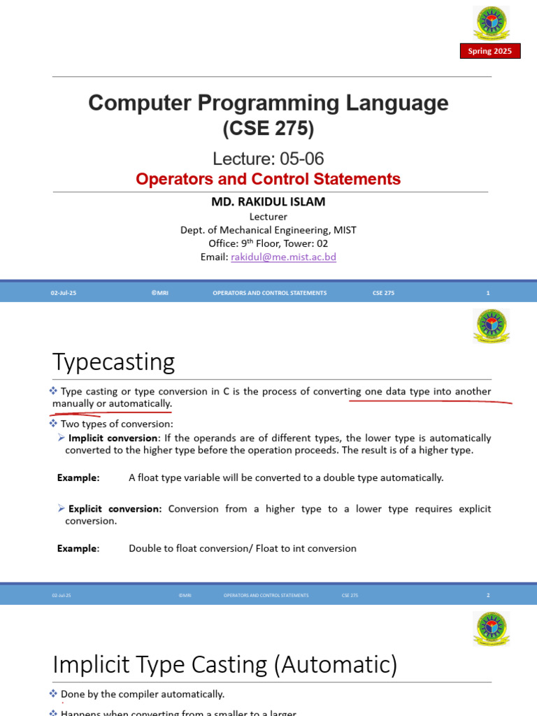 CSE 275: Operators & Control Statements | PDF | Control Flow | Integer ...
