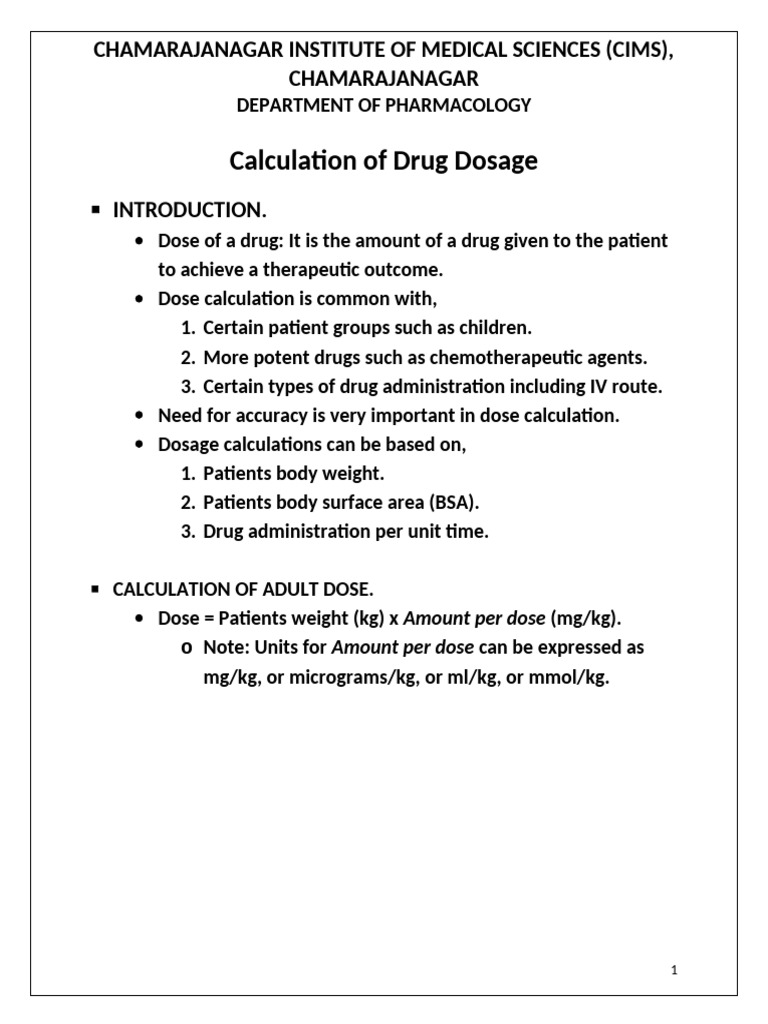 Dosage Calculation | PDF | Dose (Biochemistry) | Chemistry