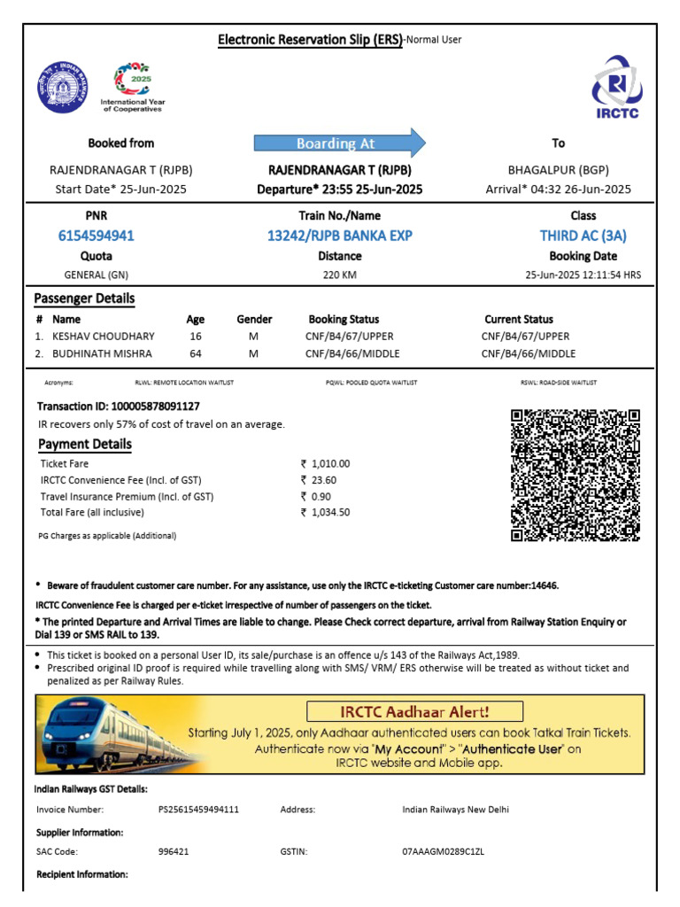 Electronic Reservation Slip for Train Booking | PDF | Identity Document ...