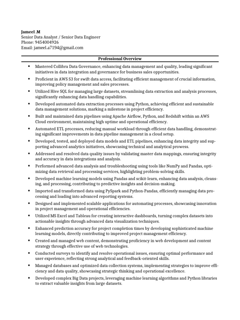 Jameel M - Data Analyst Engineer | PDF | Databases | Apache Spark